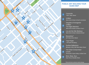 walking tour map with blue stars representing the stops and a list of stops on the right hand side