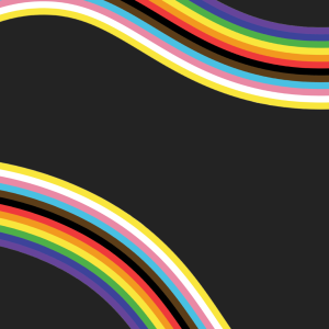 Rainbow graphic wraps around a black background