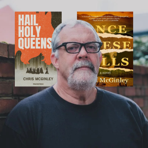 Kentucky Author Chris McGinley joins Wes Browne for an author talk at Central Library. He is pictured with two of his books "Hail Holy Queens" and "Once These Hills"