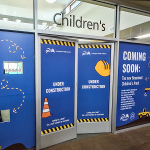 Beaumont Children's Department windows covered in construction graphics