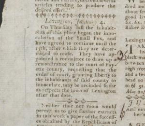 Smallpox inoculation article from the Kentucky Gazette, 4 Jan 1794