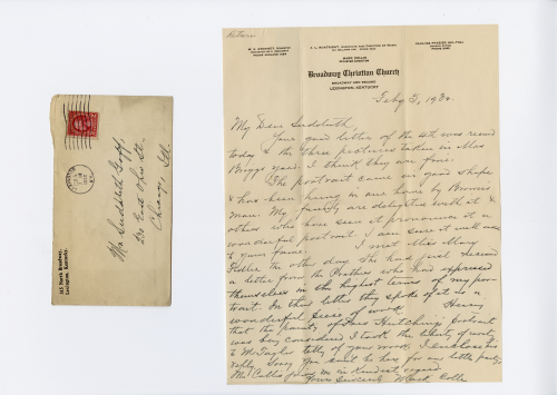 beige envelope with red stamp in upper left corner next to unfolded beige page with handwritten text of a letter to Sudduth Goff.