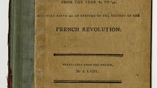 Cover of the book Voyages Adventures and Situation of the French Emigrants from the year 89-99. The cover has a blue spine and a tan background with black text.