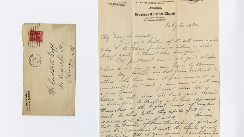 beige envelope with red stamp in upper left corner next to unfolded beige page with handwritten text of a letter to Sudduth Goff.