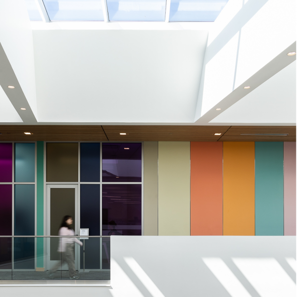 Person walking in library in front of multicolored panels