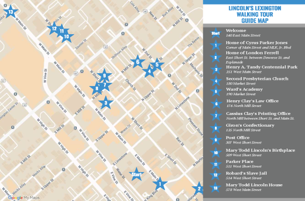 Map of downtown Lexington with blue stars representing the stops on the tour of locations important in Abraham Lincoln's time