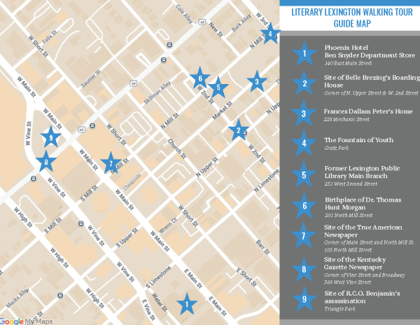 Map of downtown Lexington with blue stars representing the stops on the tour of locations important Lexington's Literary History