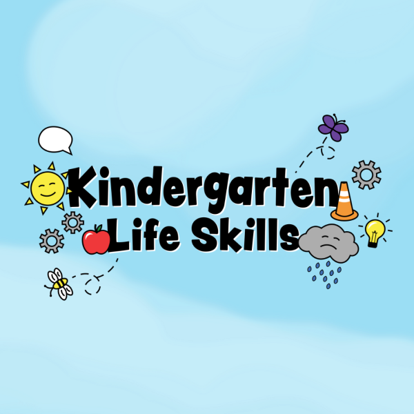 Kindergarten Life Skills graphic with blue clouded background, sunshine, butterfly, apple, gears, and light bulb illustrations. 