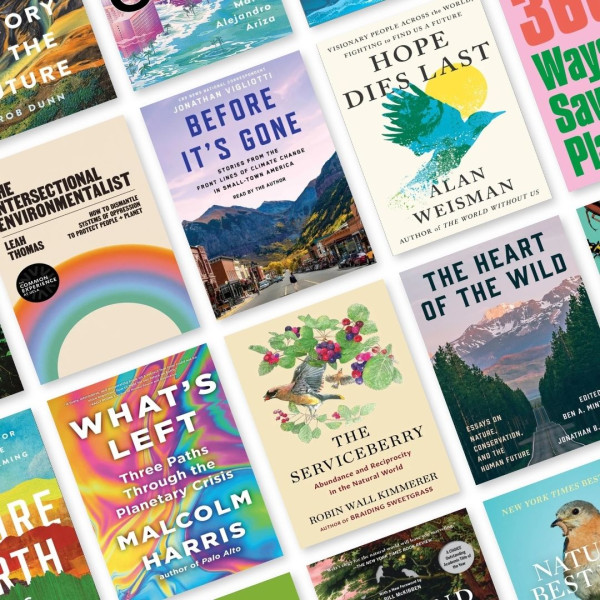 Book covers featured in the Earth Day reading list from the LPL catalog.