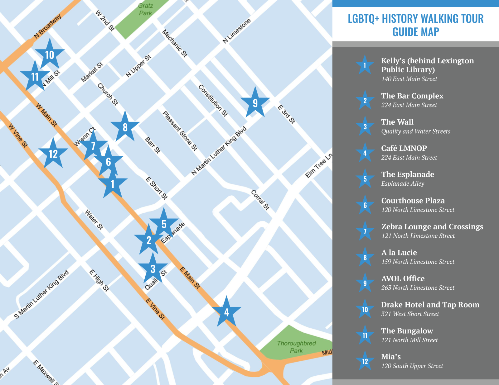 Map of Downtown Lexington with 12 stars highlighting the locations of the walking tour stops.