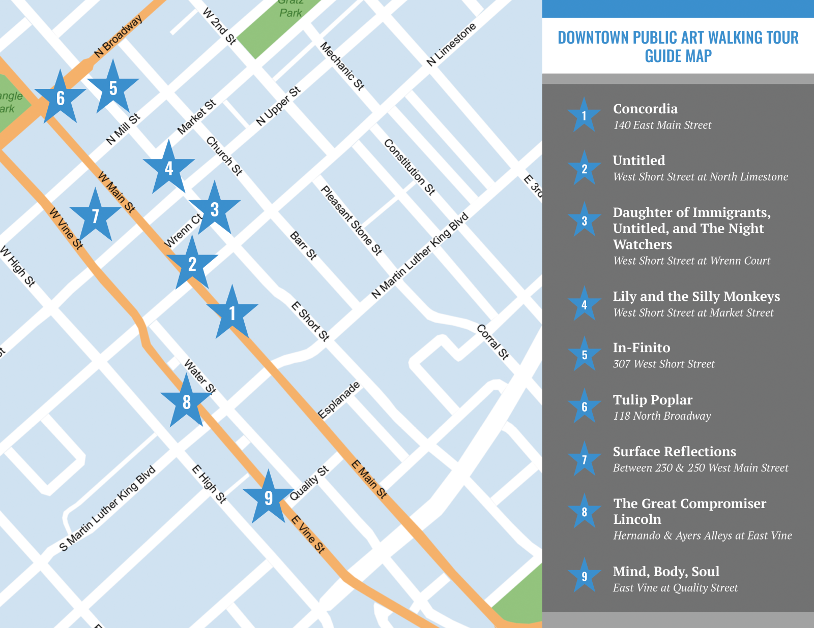 walking tour map with blue stars representing the stops and a list of stops on the right hand side