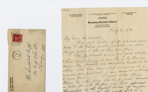 beige envelope with red stamp in upper left corner next to unfolded beige page with handwritten text of a letter to Sudduth Goff.
