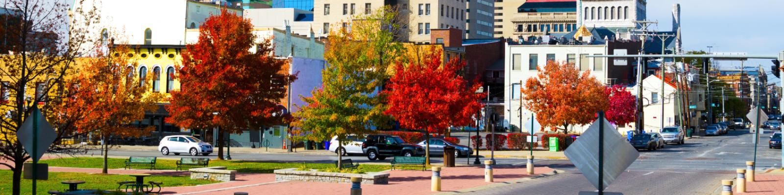 View of downtown Lexington including the Big Blue 5/3rd Building, old courthouse, and the First National Bank building (currently 21c Hotel)