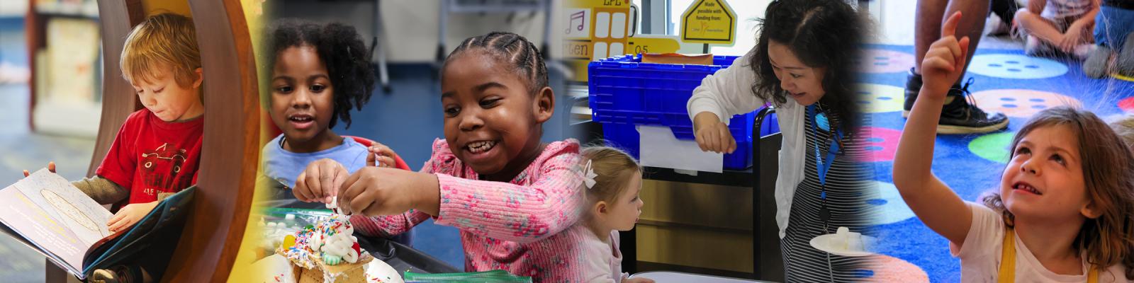 Photos of students and librarians at programs at the library