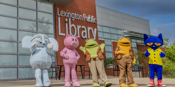 Book characters in front of Northside Branch