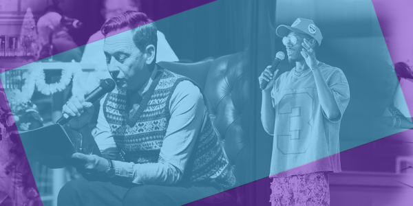 Multiple images of patrons, writers, and performers.