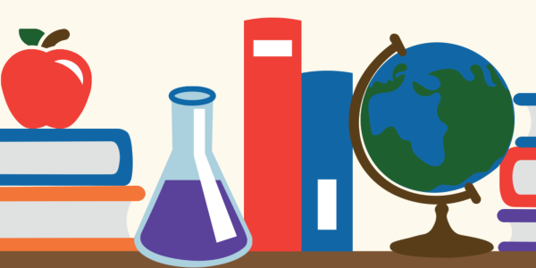 Graphic illustration of textbooks, an apple, science beakers, and globe for back-to-school season
