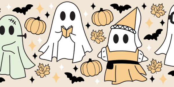 Graphic of LPL ghosts performing activities with pumpkins, leaves, sparkles, and bats surrounding them.