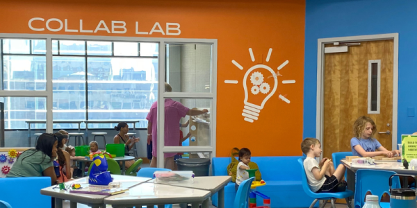 Young library patrons and families create in the Kloiber Foundation STEAM Lab, located on the fourth floor of Central Library