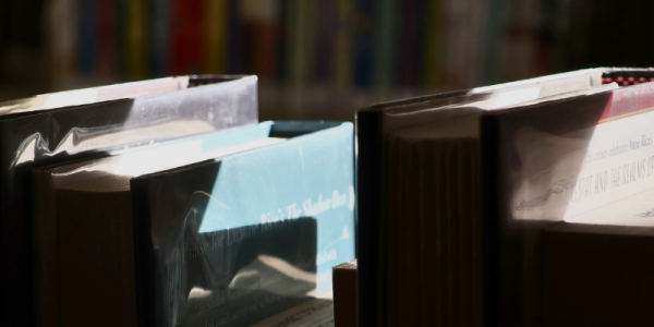 Sunlight shines on the top spines of book sitting on the shelf