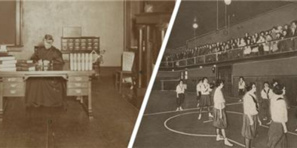 Archival film photos for Women's History Month. From left to right: protesters, LPL's first librarian, women's basketball team shoots at the free throw line