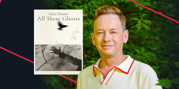 Local Lexington author Silas House stands in front of greenery in the background. A cover of his debut poetry book "All These Ghosts" sits behind his shoulder. 