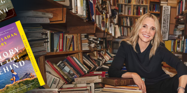 New York Times bestselling author Patti Callahan Henry sits in a library on a stack of books. Six of her best selling novels are featured as graphics next to her. 