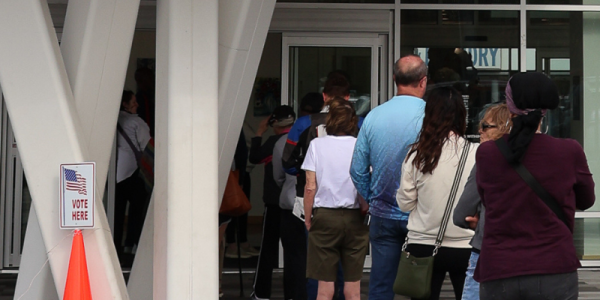 People stand in line to vote on Election Day at the library. 